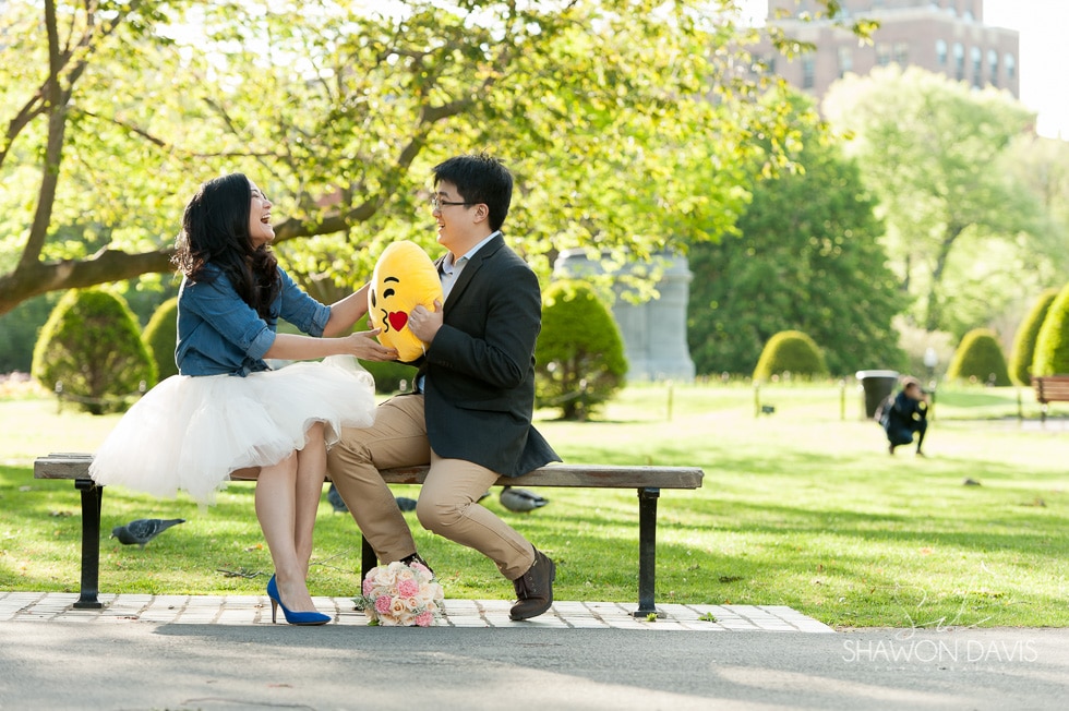 bride and groom photo on bench in boston public garden
