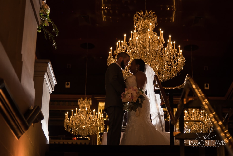 Langham Boston wedding romantic bride and groom chandelier  photos