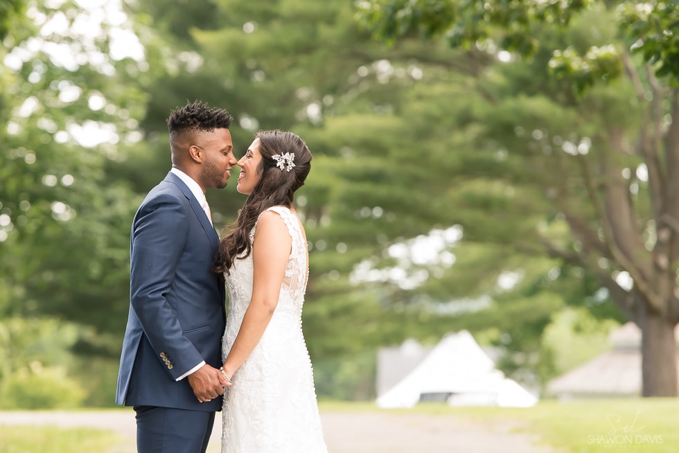 Bride and groom first look at Endicott Estate wedding photo