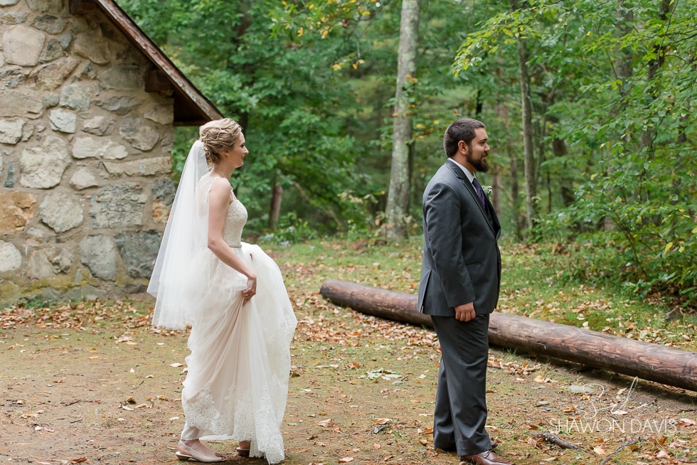 bride and groom first look at hale reservation wedding photo
