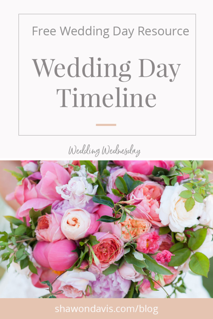 A free wedding day photo timeline that every couple needs to have a stress free wedding day by Shawon Davis. 