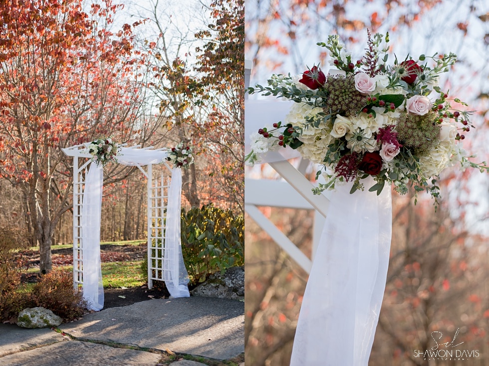 outside ceremony at fall wedding at Harrington Farm by Boston Photographer Shawon Davis