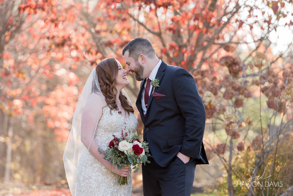 bride and groom photos at fall wedding at Harrington Farm by Boston Photographer Shawon Davis