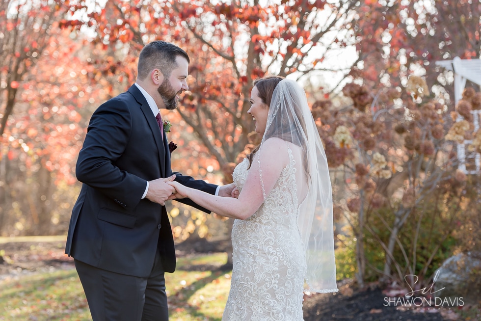 bride and groom photos at fall wedding at Harrington Farm by Boston Photographer Shawon Davis