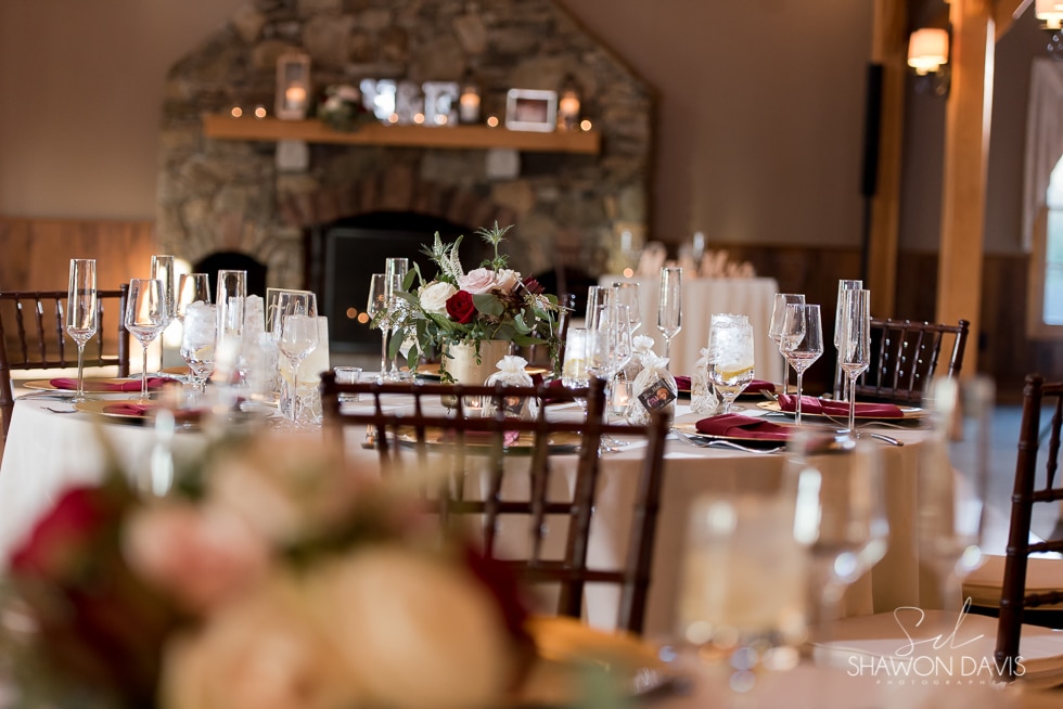 beautiful reception decor at fall wedding at Harrington Farm by Boston Photographer Shawon Davis